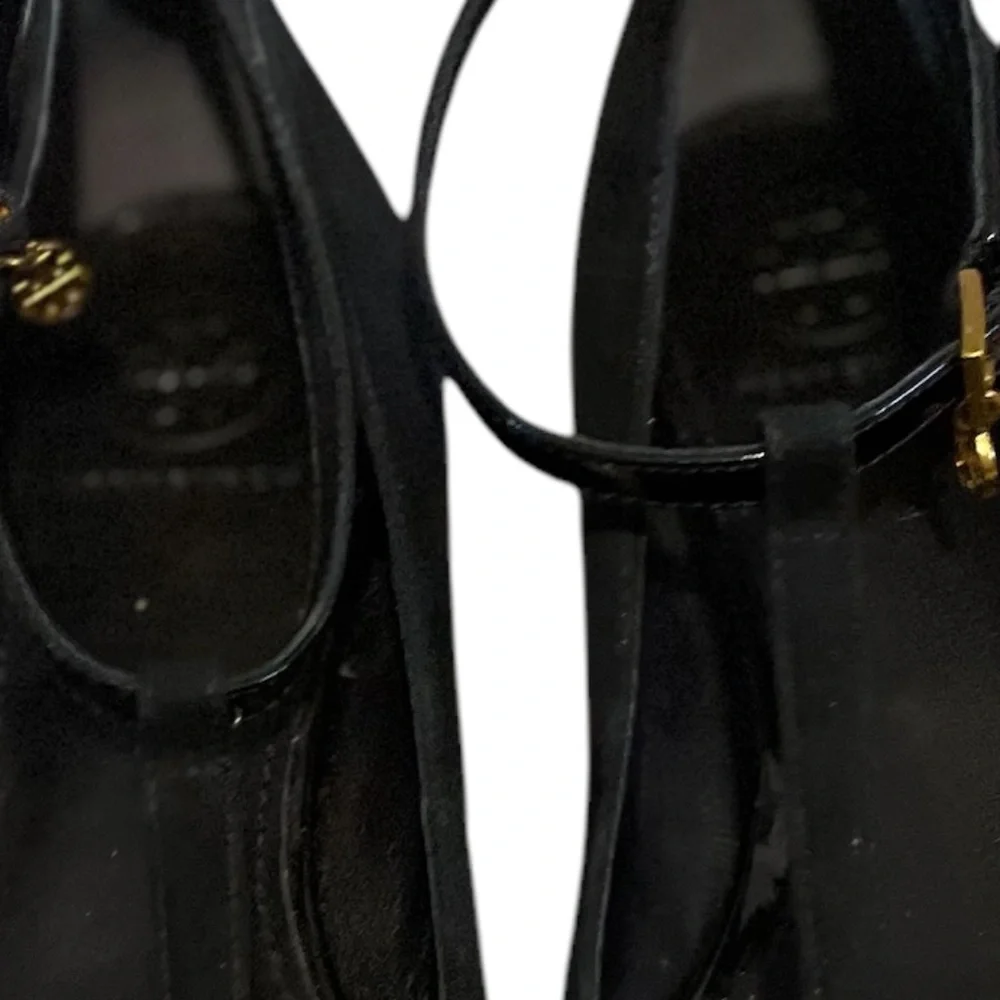 Tory‎ Burch T Straps Suede & Patent Black Leather women's Shoes, Size 6M